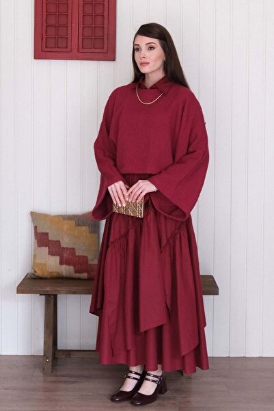 Ceylan Otantik Burgundy Layered Bohemian Skirt
