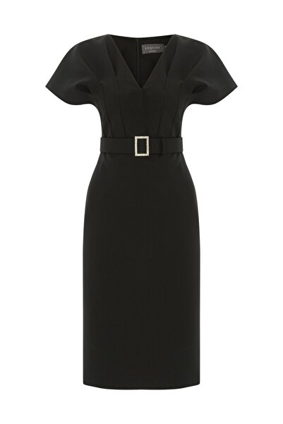 Exquise Kemerli Slim Fit Midi Siyah Elbise