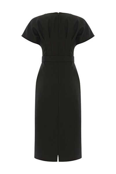 Exquise Kemerli Slim Fit Midi Siyah Elbise