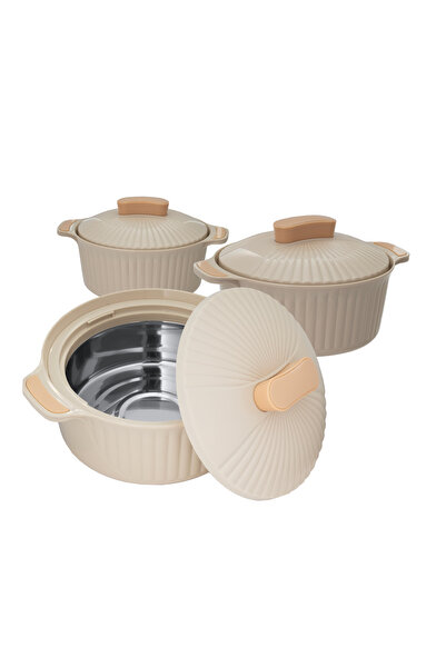ALSAIF 3 Pieces Hotpot With Handles Keep Food Hot And Fresh For Hours, 1.5,2.5,3.5 Liters, Beige.