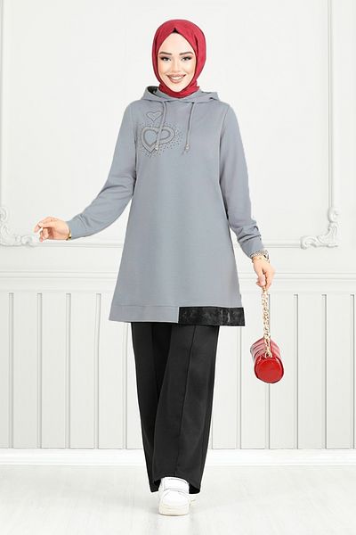 ModaMerve Stone Detailed Hijab Suit 345Dvl897-M Gray&Black