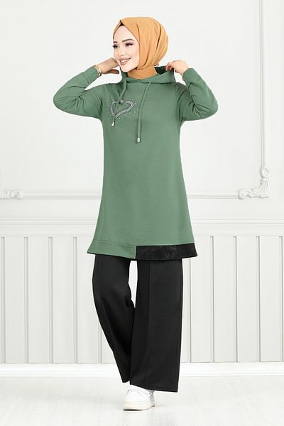 ModaMerve Πέτρινο Λεπτομερές Κοστούμι Hijab 345DVL897-M Mint&Black