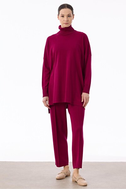 Tığ Triko Balıkçı Yaka Oversize Basic Triko Tunik FUŞYA