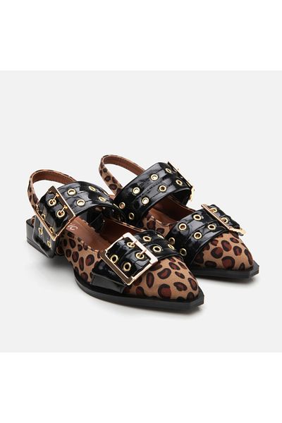 Hotiç Tan Leopard Patterned Women's Belted Ballerinas
