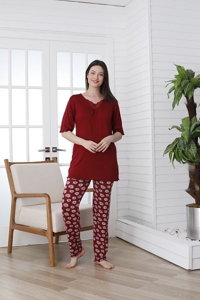 VG BOND MODA Women's Viscose Double Pajamas Set - Lace Collar and Print, Short Sleeve Vg139