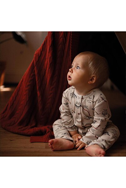 Antebies Organik Bej Dinozor Desenli Çıtçıtlı Uzun Kollu Kız Bebek Ayaksız Tulum