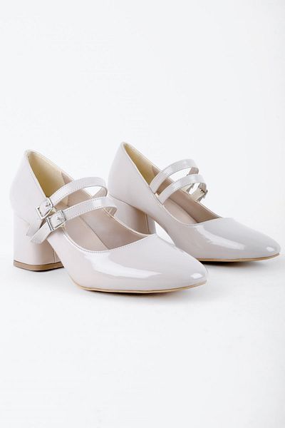 Lal Shoes & Bags Voice Women's Double Band Detailed Thick Heeled Shoes - Patent Leather Cream