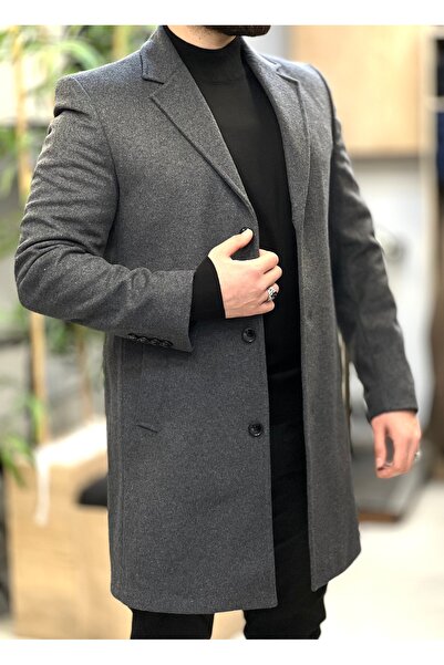 SAVARA Erkek kışlık ceket yaka koyu gri kaşmir kaban orta boy regular fit