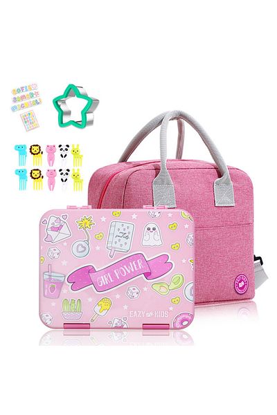 Eazy Kids Bento Box wt Insulated Lunch Bag & Cutter Set - Combo - Girl Power Pink