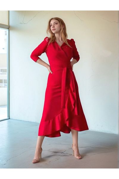 Trendusfashion Long Sleeve Asymmetrical Ruffle Midi Dress - Stylish and Elegant Design