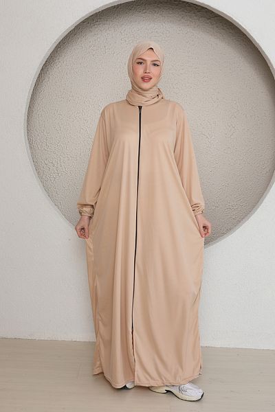 Kutay Collection فستان صلاة نسائي بلون سادة مع حجاب وسحاب