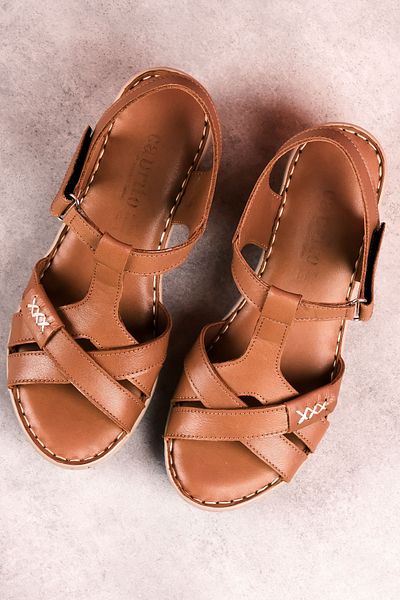 Lal Shoes & Bags Sandale cu toc cu velcro din piele naturală Ribbon pentru femei - maro