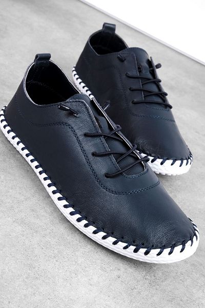 Lal Shoes & Bags Toore Women's Genuine Leather Casual Shoes with Stitching Detail - Navy Blue