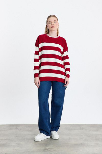 Rays 5380 Model Red Striped Crew Neck Tunic