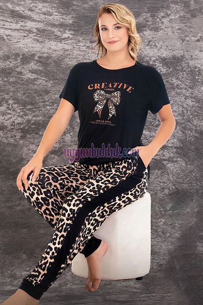quilling Set de pijamale cu mânecă scurtă pentru femei, din bumbac, viscoză, cu imprimeu leopard, culoare neagră