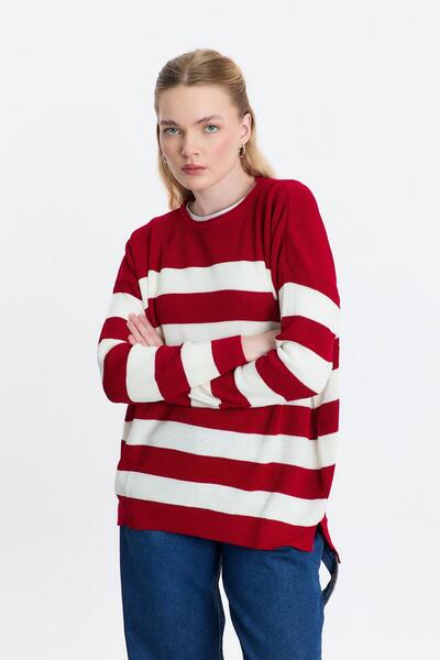 Rays 5380 Model Red Striped Crew Neck Tunic