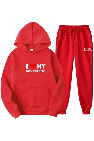aynewmoda I Love My Love Printed Valentine's Day Hooded Tracksuit Set