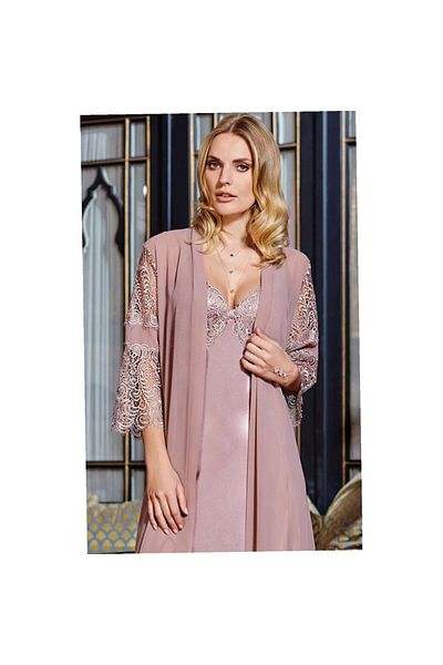 Jeremi 636 Dowry Silk Satin Lace Long Six-Piece Set - Mink