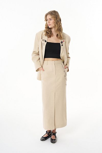 Quzu Beige Midi Length Slim Striped Slit Skirt