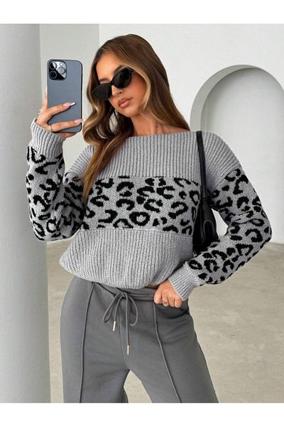 Dier Moda Leopard Print Crew Neck Oversize Knitwear Sweater