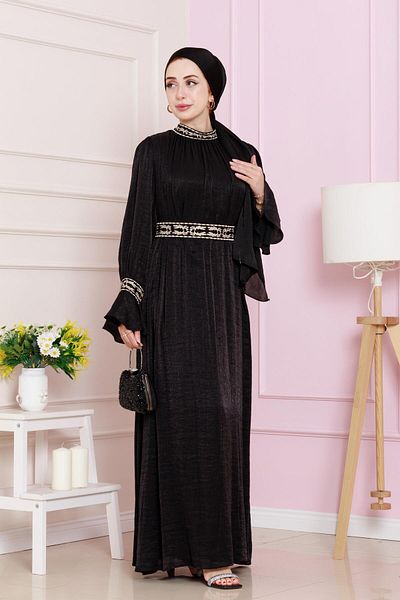 Sevitli Rochie de seara cu maneca cu volan si detaliu broderie - neagra