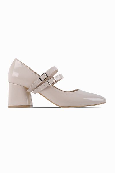 Lal Shoes & Bags Voice Women's Double Band Detailed Thick Heeled Shoes - Patent Leather Cream