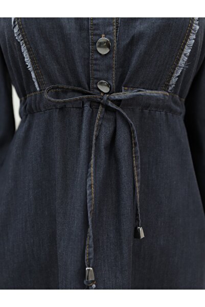 Modamorfo Half Button Tassel Detail Tunnel Lace up Denim Dress -Black