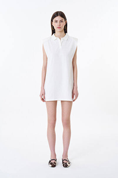 Quzu Ecru Mini Polo Neck Padded Dress
