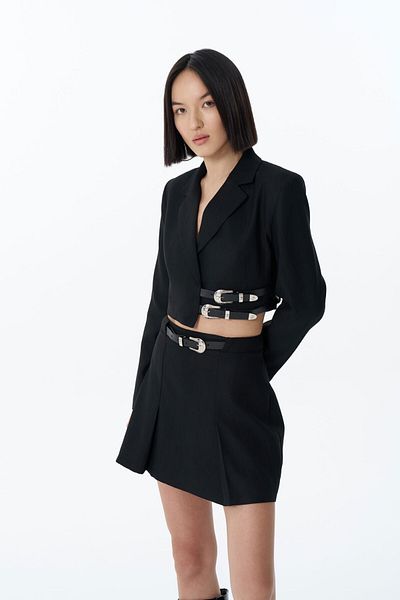Quzu Jachetă Blazer Crop Neagră - Cu Accesoriu Curea