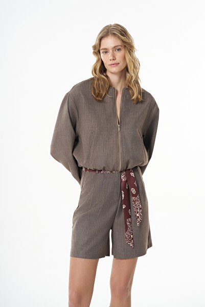 Quzu Kırçıl Detaylı Fermuarlı Bomber Ceket Kahverengi