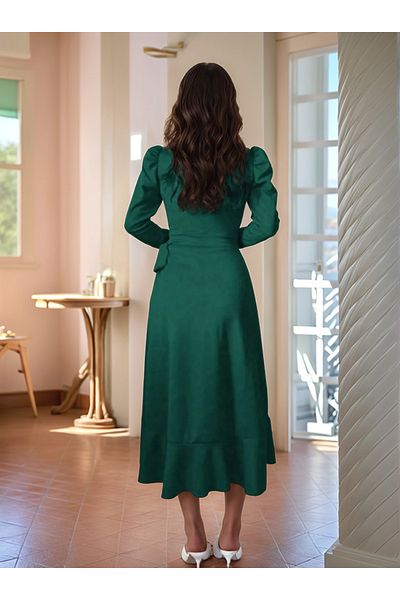Trendusfashion Μίντι φόρεμα με μακρυμάνικο ασύμμετρο βολάν - κομψό και κομψό σχέδιο