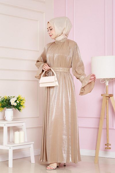 Sevitli Rochie de seara cu maneca cu volan si detaliu broderie - MINK