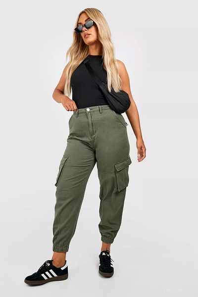 Şans Women's Plus Size Khaki Gabardine Fabric Elastic Leg High Waist Cargo Pants 65N38740