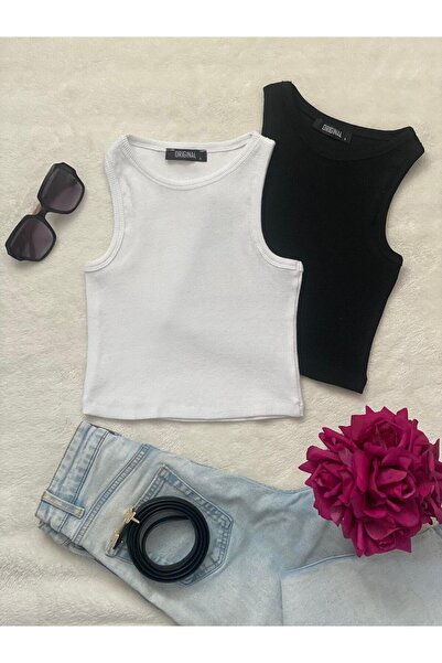 Wearflawless 2 részes női kötőfék nyakú, bordázott pántos nulla ujjú Crop blúz