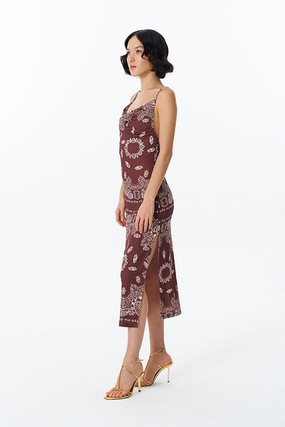 Quzu Print Shawl Collar Long Brown Dress