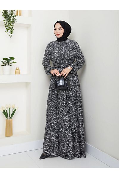 Nevayla Moda Floral Viscose Dress with Button Detail - Black / E0123
