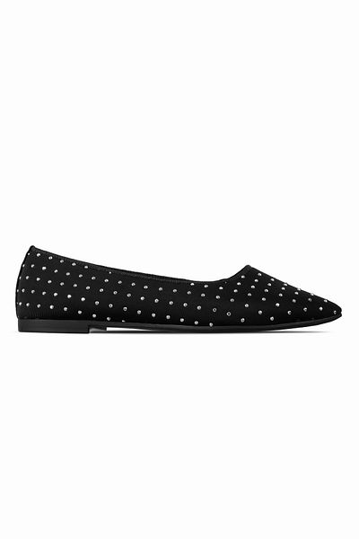 Lal Shoes & Bags Kick Women's Pointed Toe Stone Detailed Ballerina Shoes-Black