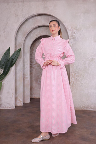 Bold Grup Women's Waist Drawstring Pearl Button Detail Striped Flared Mold Dress