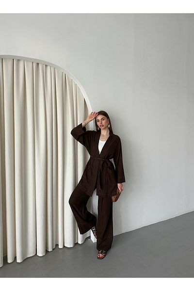 Laluvia Brown Pocket Detailed Belted Kimono Set - 8491