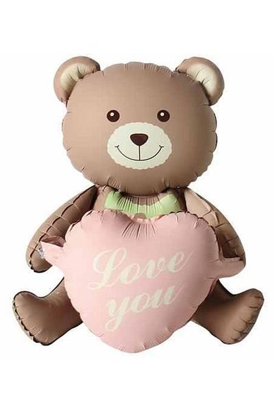 Patladı Gitti Retro Pink Heart Brown Sitting Bear Foil Balloon with Love You Written