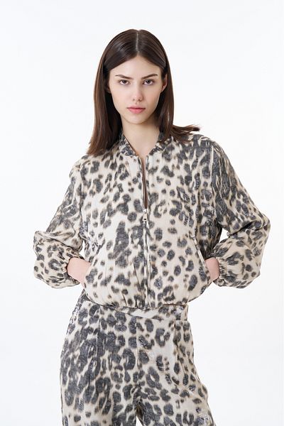 Quzu Jachetă bomber cu fermoar cu model leopard de culoare piatră