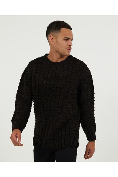 elkumoda Natural Cotton Oversize Sweater - Square Knit Pattern, Crew Neck, Non-Pilling Loose Knitwear