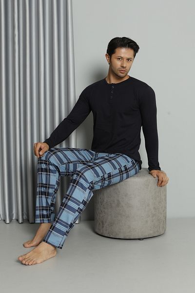 TAMPAP Men's Buttoned Plaid Long Sleeve Pajamas Set 16585