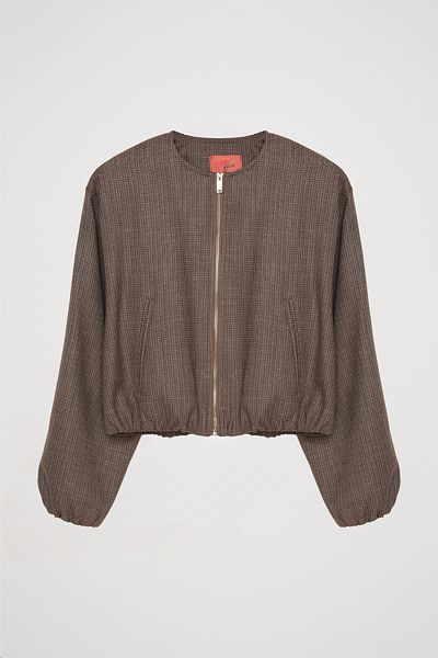 Quzu Καφέ Bomber Jacket - με γκρι λεπτομέρεια και φερμουάρ