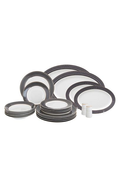 HIC Porcelain Dinner Set Black With Gold Design 24 Piece