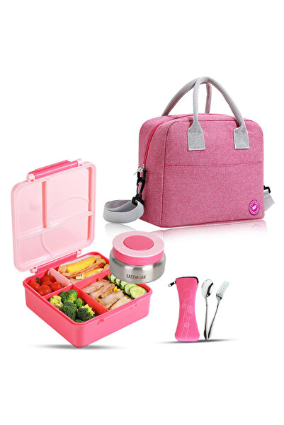 Eazy Kids Jumbo Bento Lunch Box w/ Pink Lunch Bag , Food Jar and Cutlery - Pink