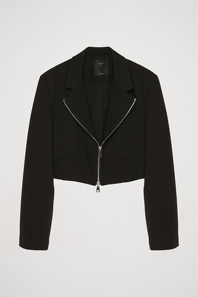 Quzu Μαύρο Crop Blazer Jacket - Μπροστινό φερμουάρ
