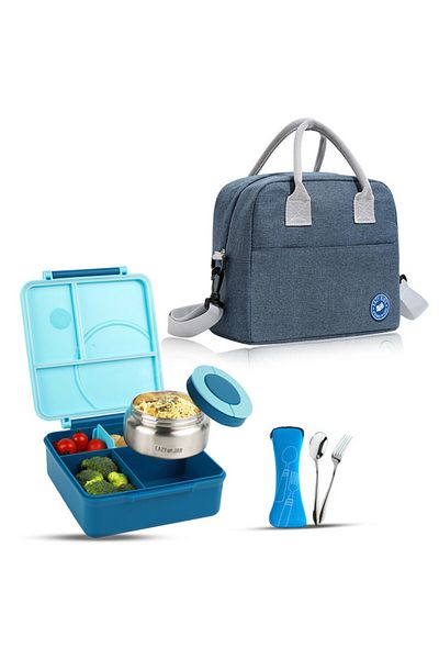 Eazy Kids Jumbo Bento Lunch Box w/ Blue Lunch Bag , Food Jar and Cutlery - Blue