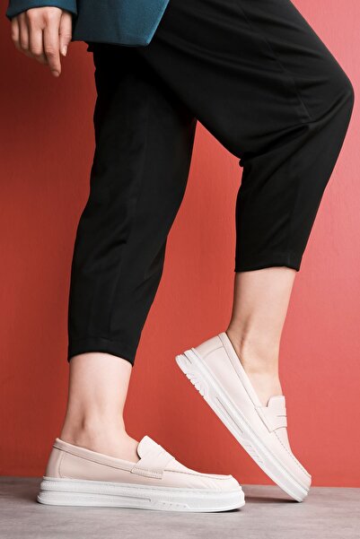 Lal Shoes & Bags Delmar Kadın Hakiki Deri Dikiş Detaylı Laofer Ayakkabı-Krem