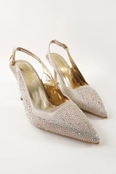 Eray Women's Gold Gold Open Back Pointed Toe Stone Evening Shoes